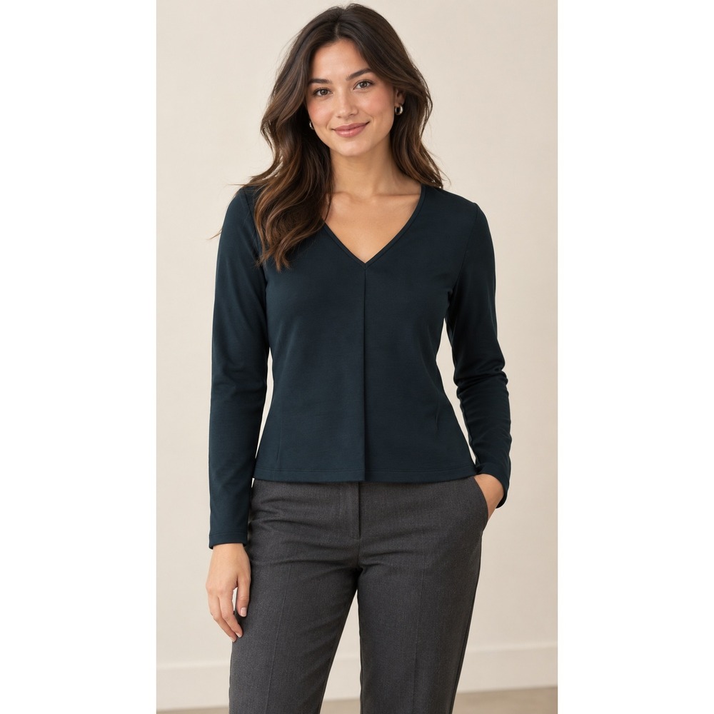 Banana Republic V-Neck Top Medium Teal Long Sleeve Stretch Knit Career Minimal